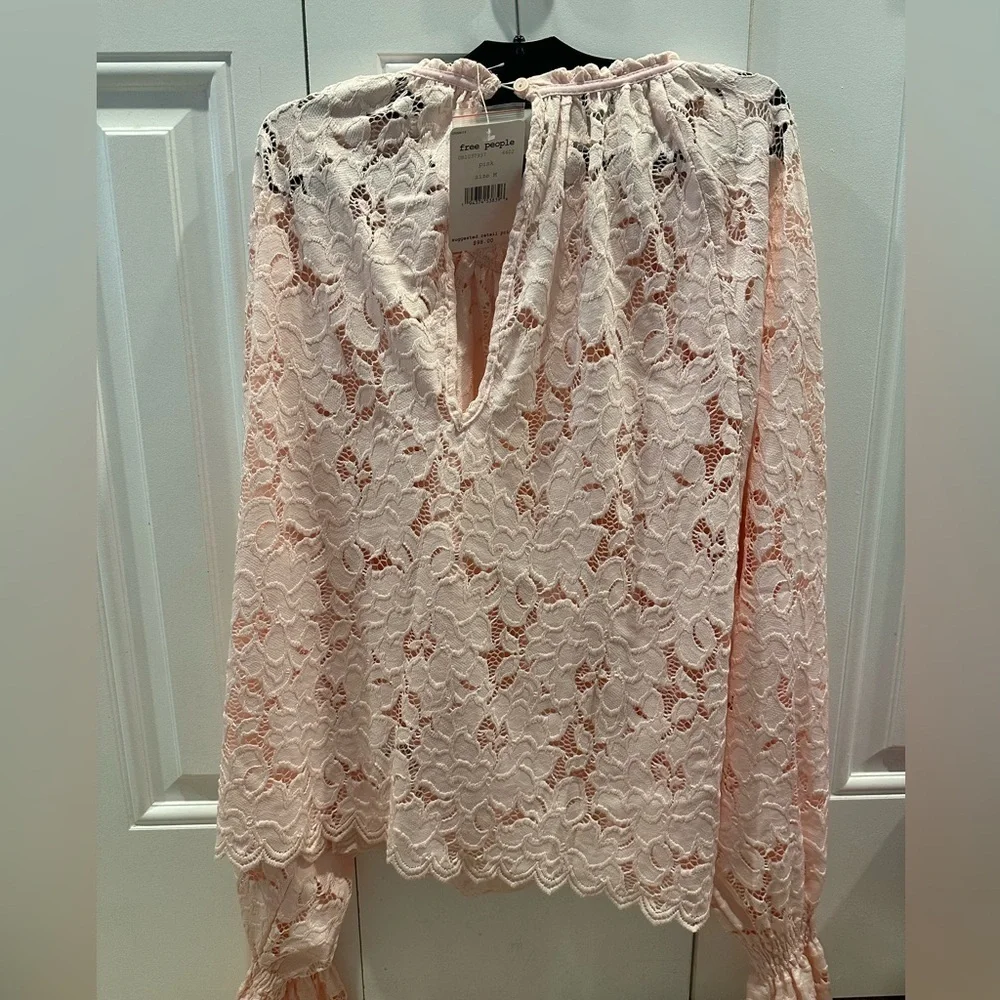 Free People Olivia Balloon Sleeve Lace Blouse Pink Medium NWT OB1037937